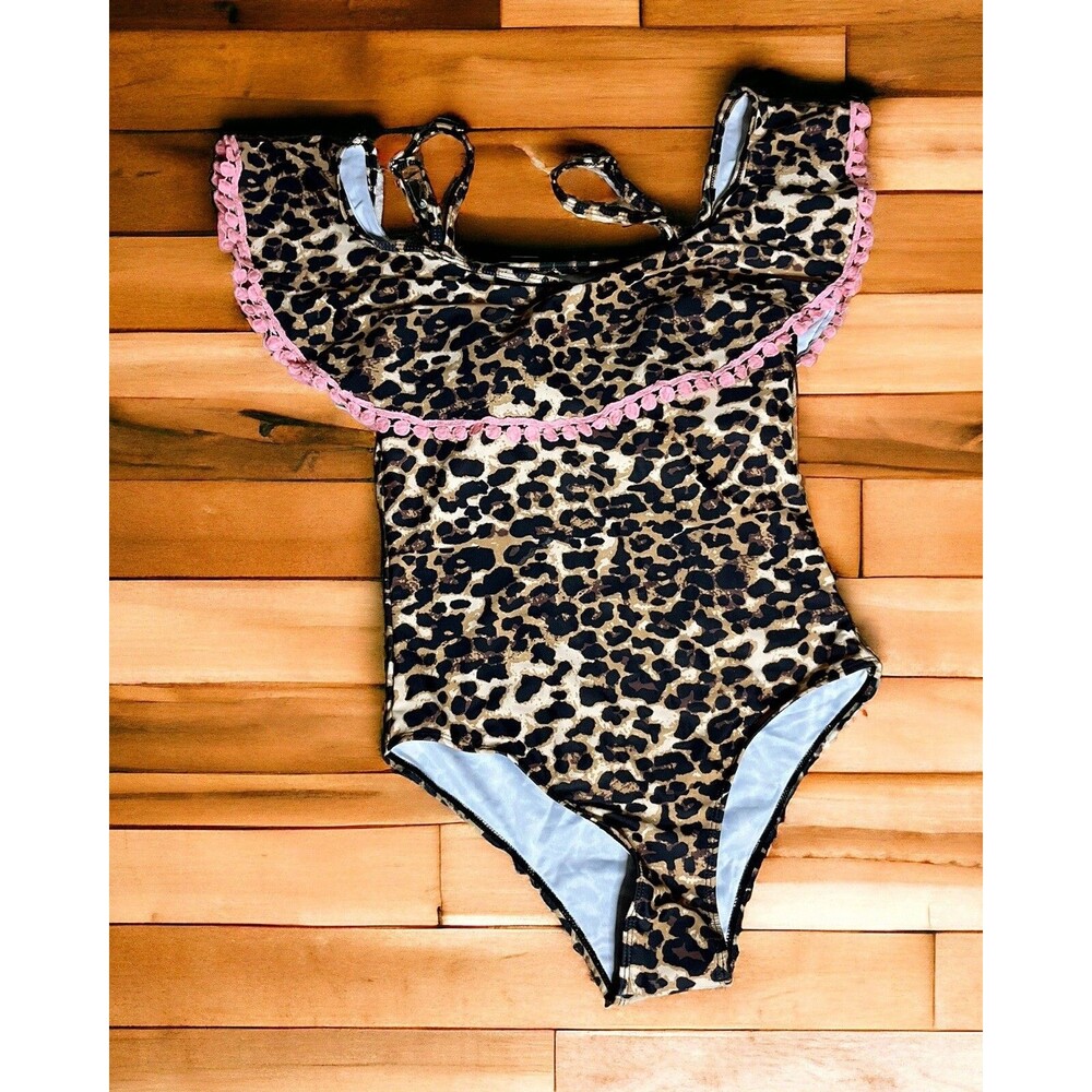 Animal Cheetah Print Ruffled Pink Pompom Women’s Swimsuit Bathing Suit Sz L NWT
